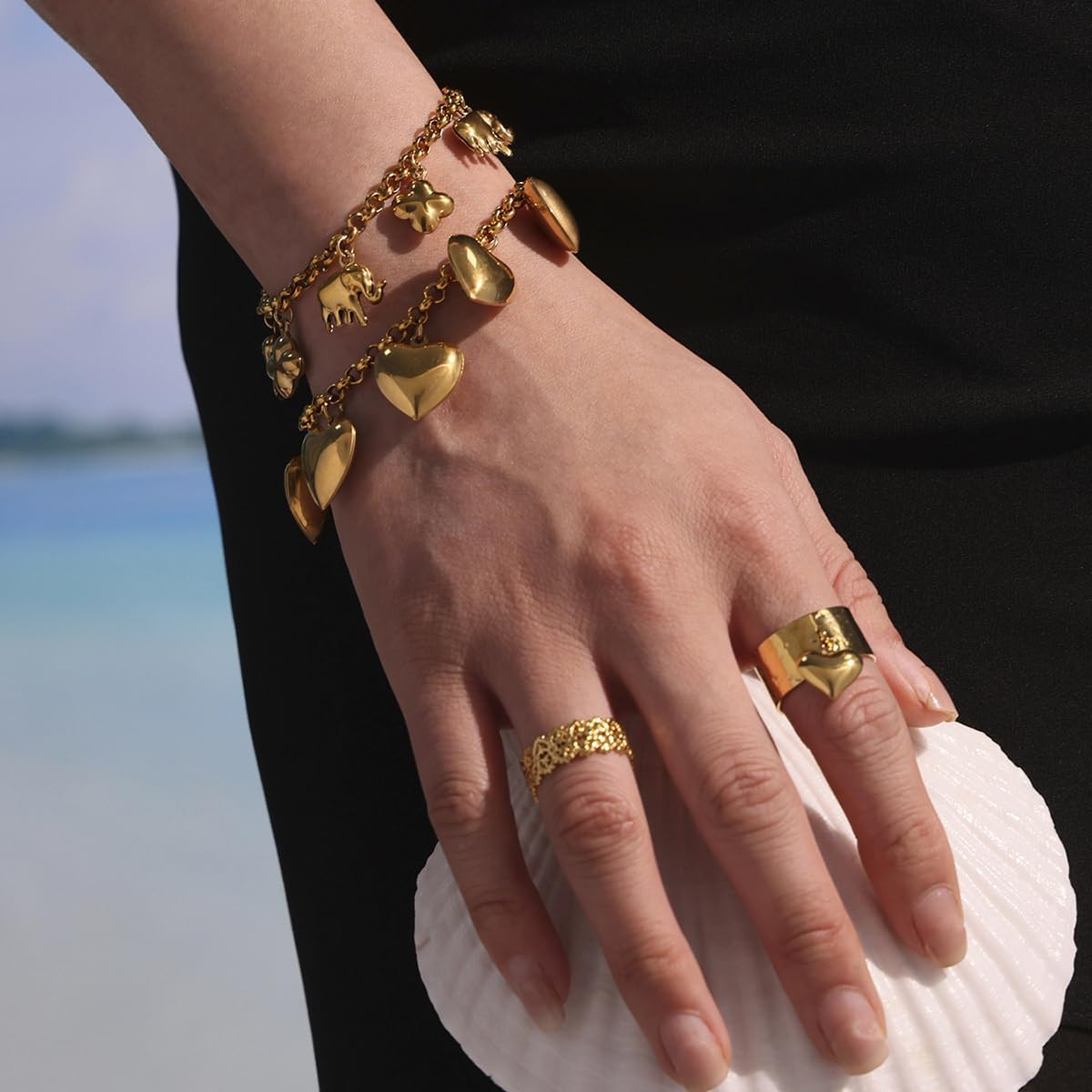 Kokoma Gold-Tone Heart Charm Bracelet for Women, Stainless Steel Link Chain Chunky 5 Heart Pendants Tassel Dangling Bracelet Valentine Jewelry - Image 3