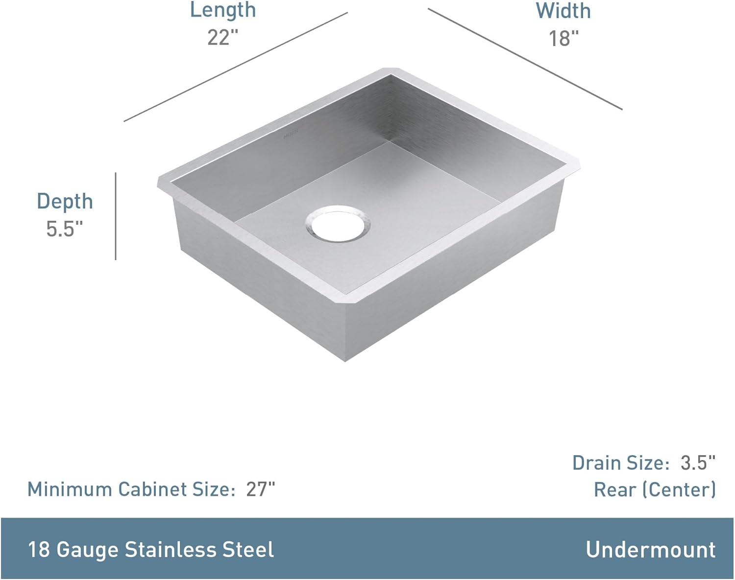 Moen Prep 18-Gauge Stainless Steel Undermount 22" x 18" Single Bowl Kitchen Sink with Rear Drain, GS18186B