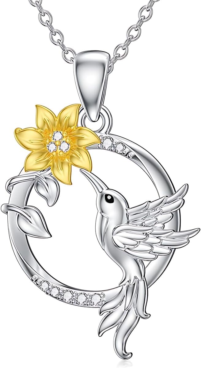 Hummingbird Sunflower Pendant Necklace Flying Bird Nature Jewelry Memorial Gifts for Women Nature Lover Birthday Mothers Day Gift Joy Symbol Necklace Good Luck Charm Hummingbird Flower Necklaces