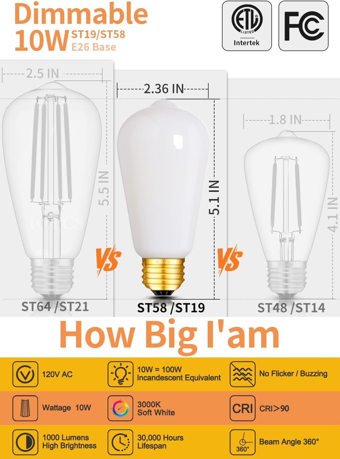 CRLight Dimmable ST58 / ST19 Vintage Opal LED Edison Bulbs,10W = 100W Eqv 1000LM, 3000K Soft White LED Lights, E26 Base, Coated Inside White Milky Glass for Modern Farmhouse, Room, Home Decor, 6 Pack