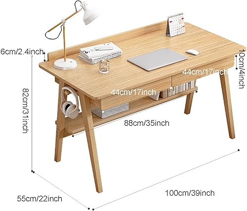 Miniatura 2 de Escritorio para computadora con 2 cajones y estantes, escritorio de oficina en casa con ganchos, escritorio de estudio de trabajo moderno para