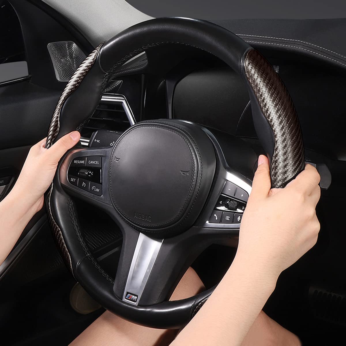 CGEAMDY Coche Segmentado Fibra Carbón Transpirable Antideslizante Protección, Cubre Volante, Funda Volante Universales Fibra de Carbono (Café), 38cm