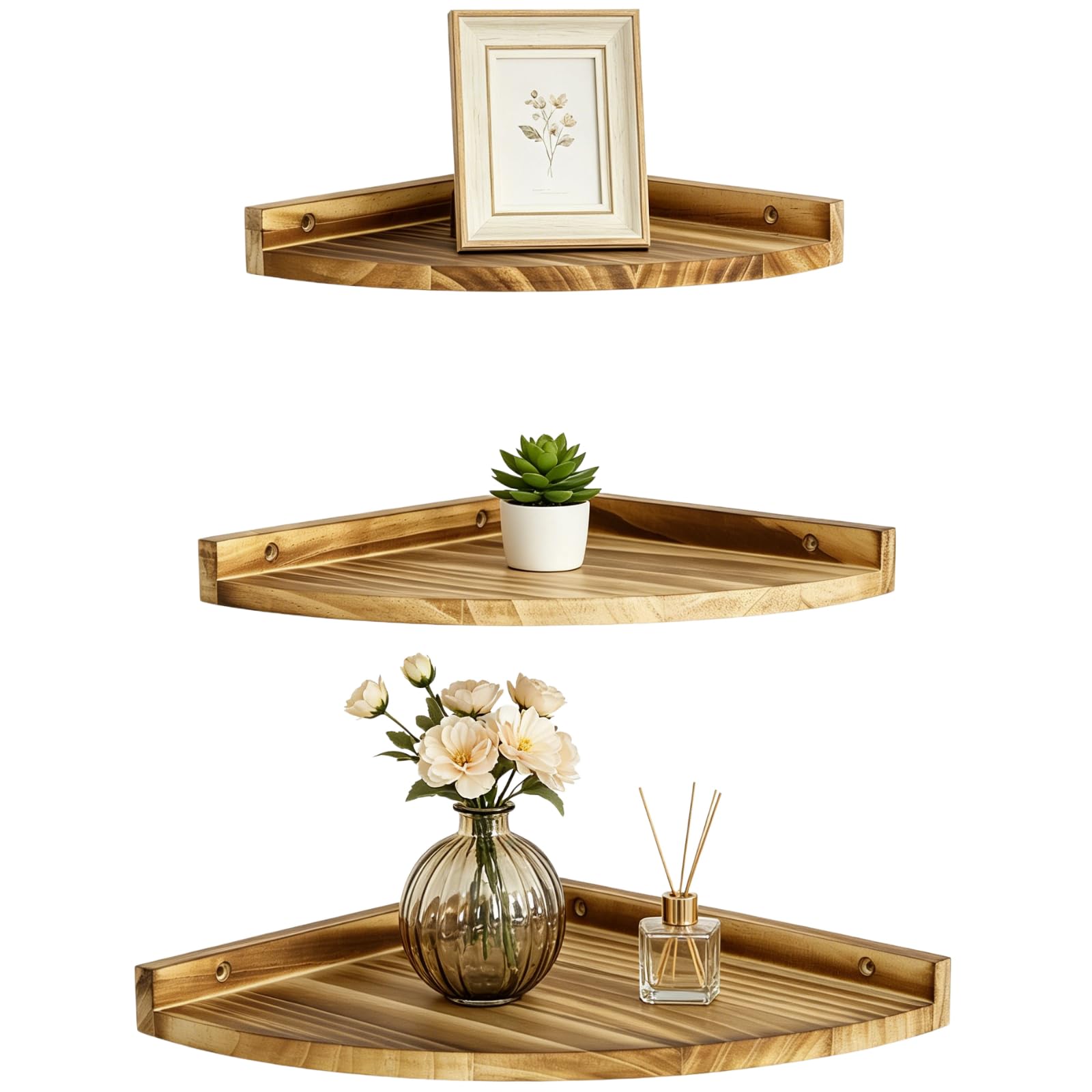 YAGOKKI 3 Pcs Solid Wood Corner Shelves Set, Wall-Mounted Fan-Shaped Floating Storage Organizer, Rustic Round Floating Shelf for Bathroom Kitchen Bedroom Living Room