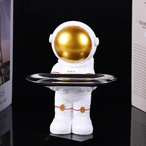 Miniatura 7 de oliruim Bandeja de estatua de astronauta de oro blanco para entrada, cuenco para llaves, plato para dulces de oficina y decoración interior de