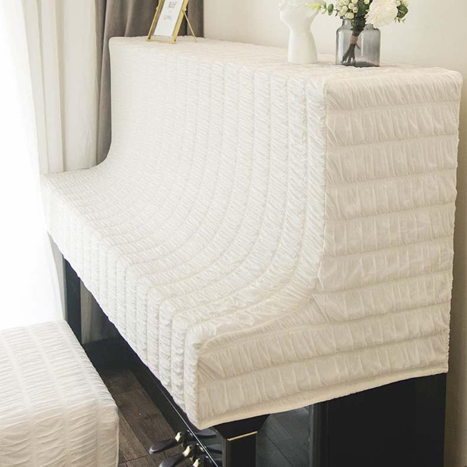 Dustproof Upright Piano Cover & Stool Protector Stretch Knitted Fabric White Fits Vertical Pianos & Stools Durable Stylish Perfect for Musicians & Home Decor