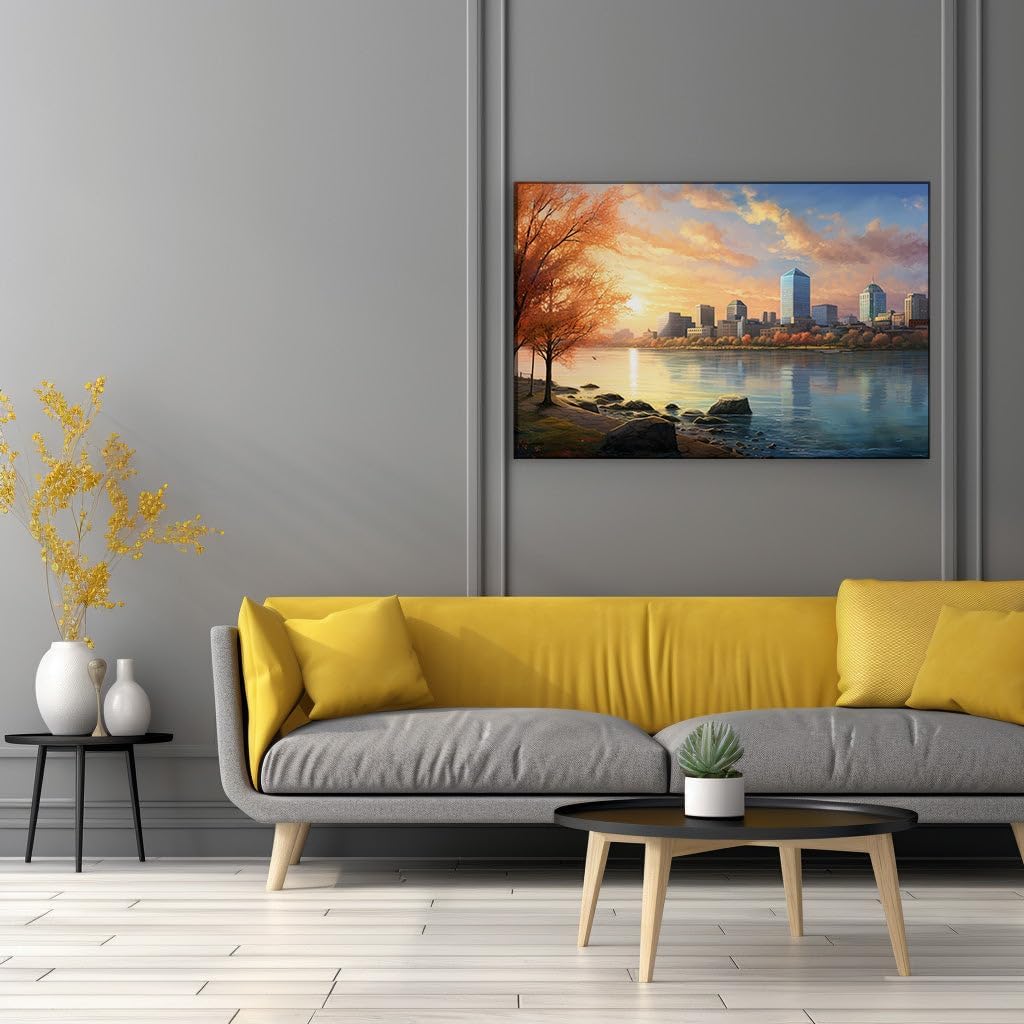 Canvas for Living room. Autumn Splendor Reflected: Serenity at Sunset in the City, 27 x 18 inch Canvas Wall Art - Contemporary Masterpieces - Modern Home Decor - 27 x18 inch
