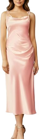 Womens Elegant Satin Cowl Neck Spaghetti Tie Strap Midi Dress Summer Wedding Guest Cocktail Party Dress with Slit
