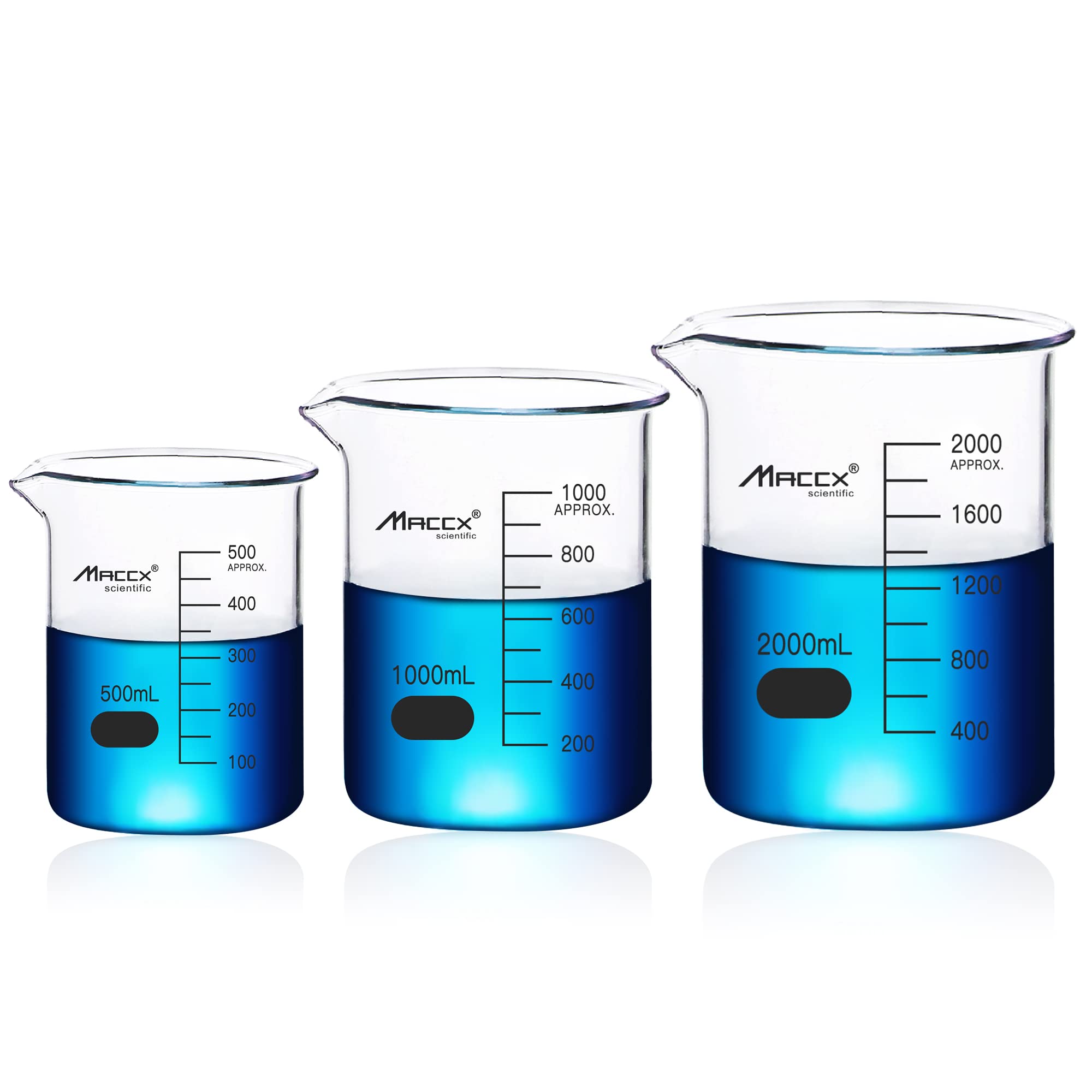 Stabilny szklany kubek, 3 rozmiary 500 ml, 1000 ml, 2000 ml, 3,3 gryf borokrzemowy, niski kształt z nadrukowaną skalą, BKLS05-003