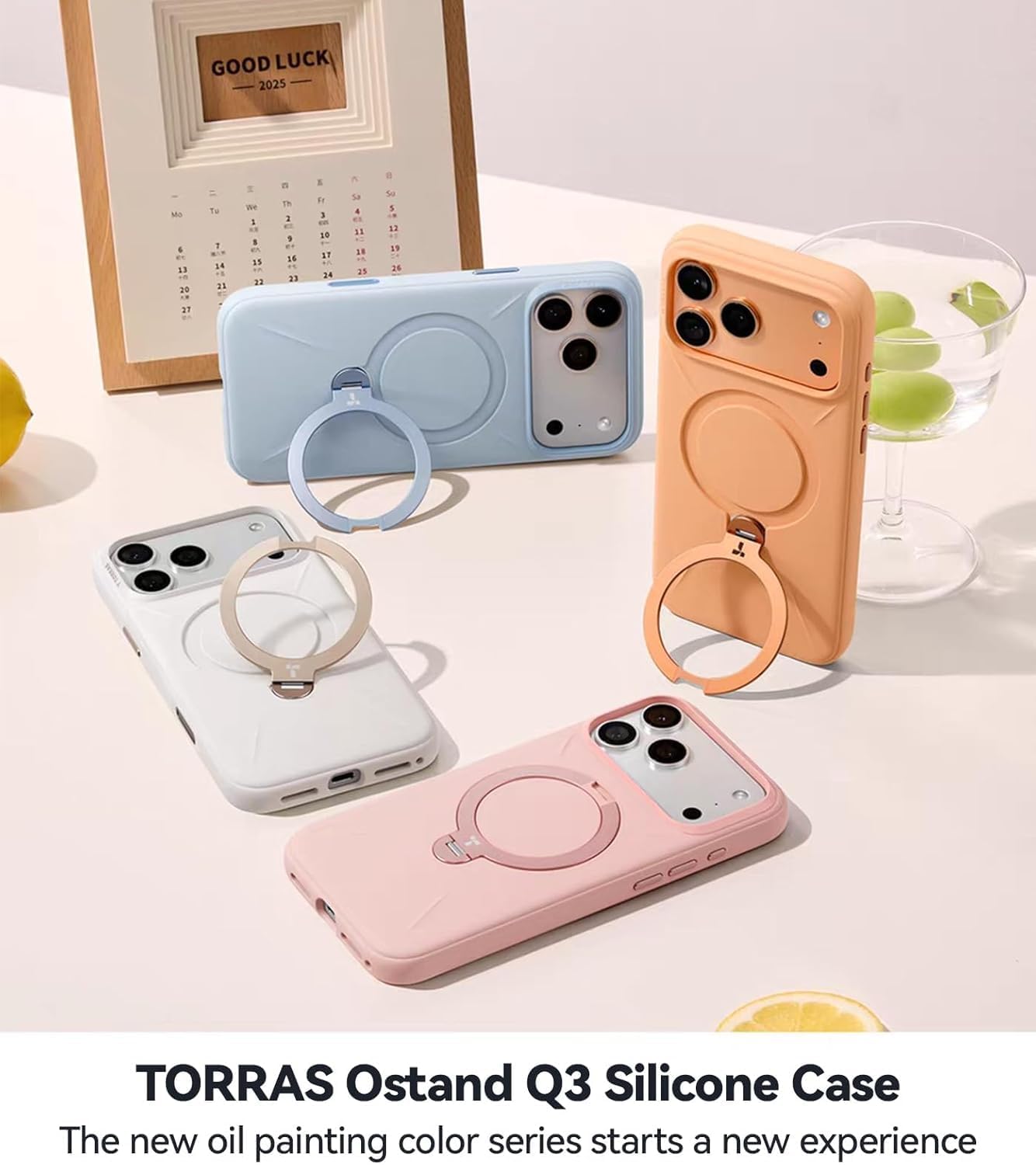 TORRAS Ostand Q3 - Carcasa de silicona para iPhone 17 Pro con soporte de 360°, color blanco | Funda protectora para iPhone 17 Pro (silicona líquida) con protección contra caídas y botones de cámara