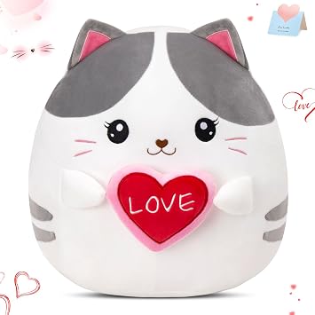Houwsbaby 12" Calico Cat Heart Plush Pillow, Cute Kitty Stuffed Animal with 3D Heart Design
