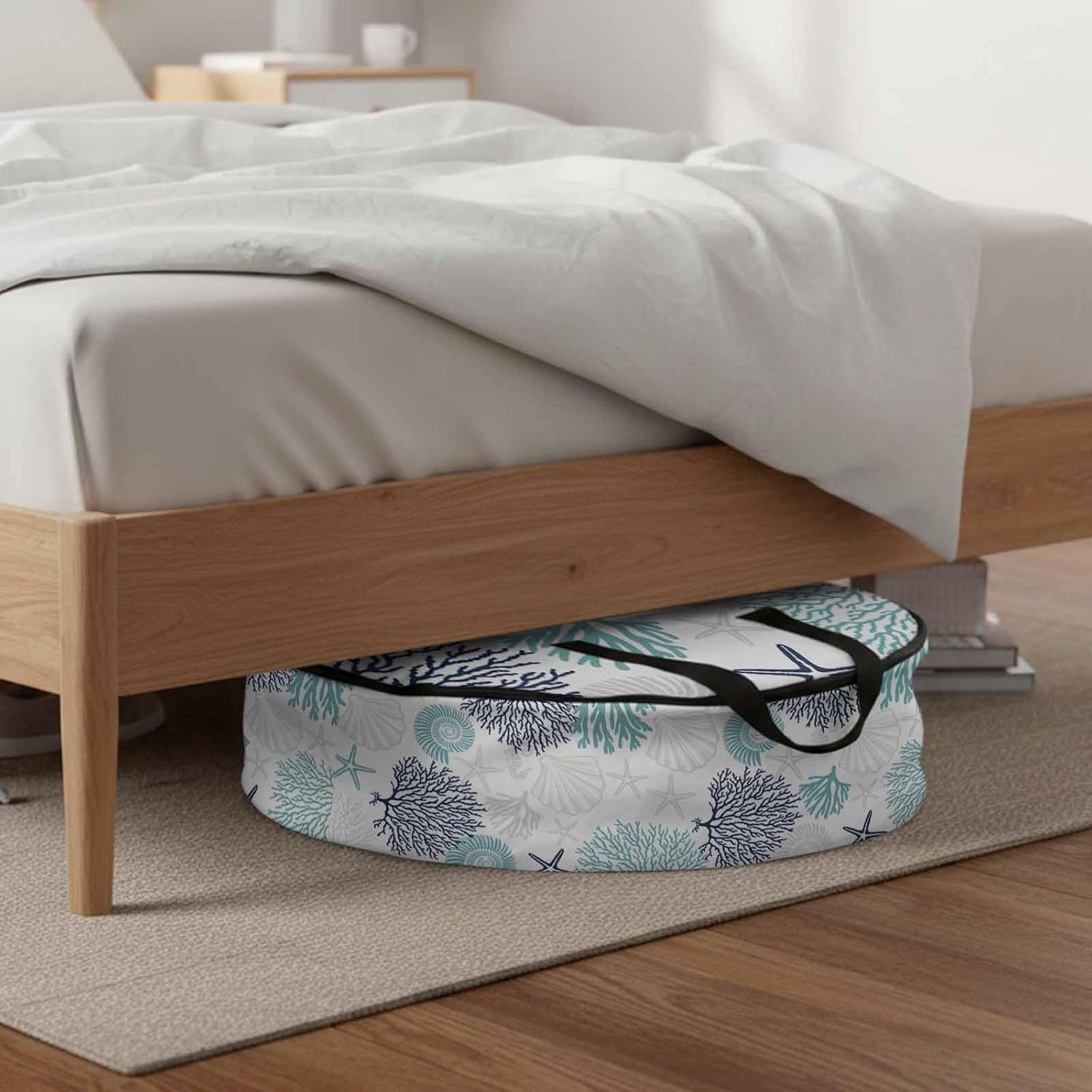 Coral Shell Round Storage Bag 36 Inch, Starfish Ocean Teal Blue Summer Beach Clothes Storage Container with Handles Heavy Duty Organizer for Comforter, Bedding & Holiday Wreaths