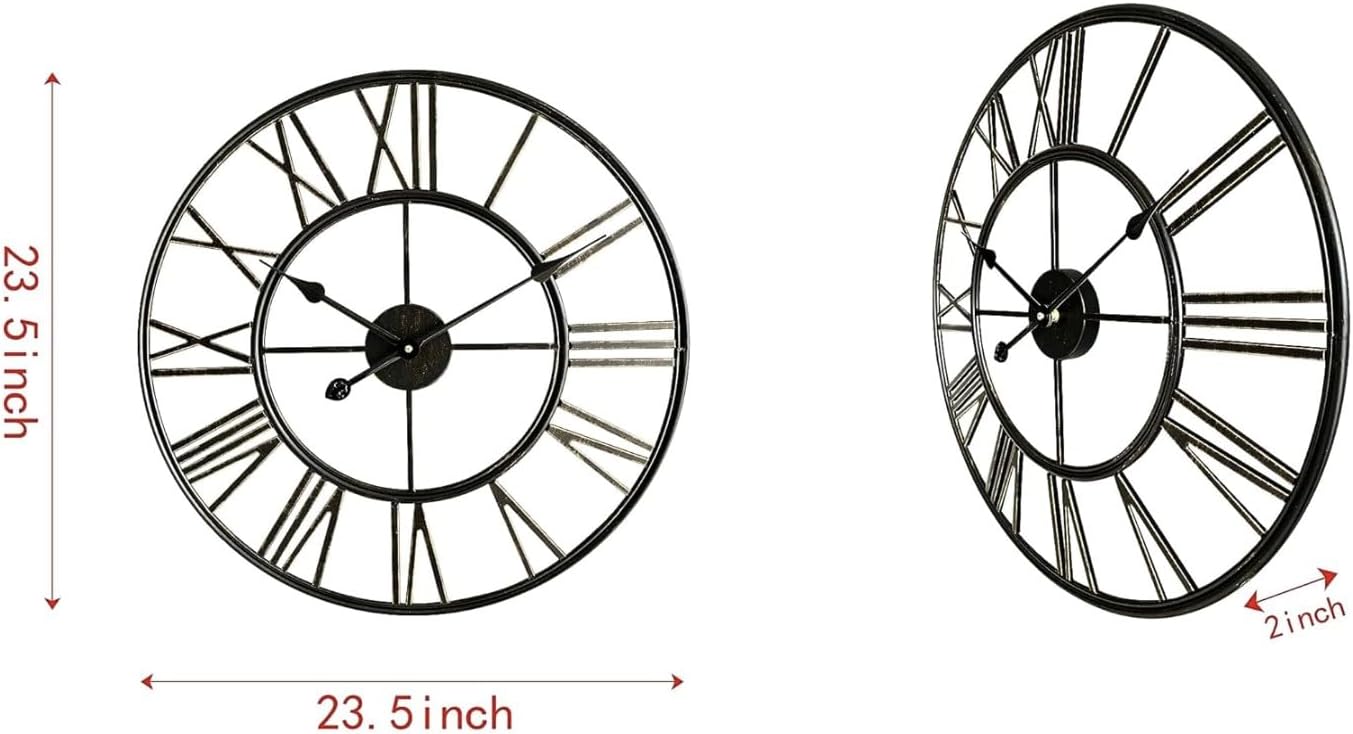 23.5” Brush Bronze Metal Indoor/Outdoor Roman Numeral Wall Clock – Battery-Operated Silent Round Decorative Timepiece for Garden & Home
