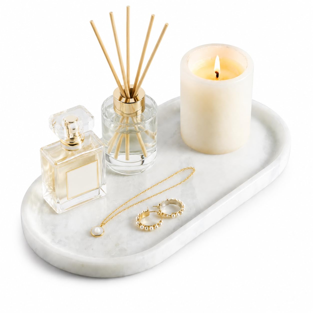 Plateau Salle de Bain, Marbre Naturel Plateau Decoratif Ovale, Blanc | 100% Marbre Travertin, Anti-taches, Antidérapant, Nettoyage Facile, pour Cosmétiques Parfums Bougies Bijoux, 30x15x2cm