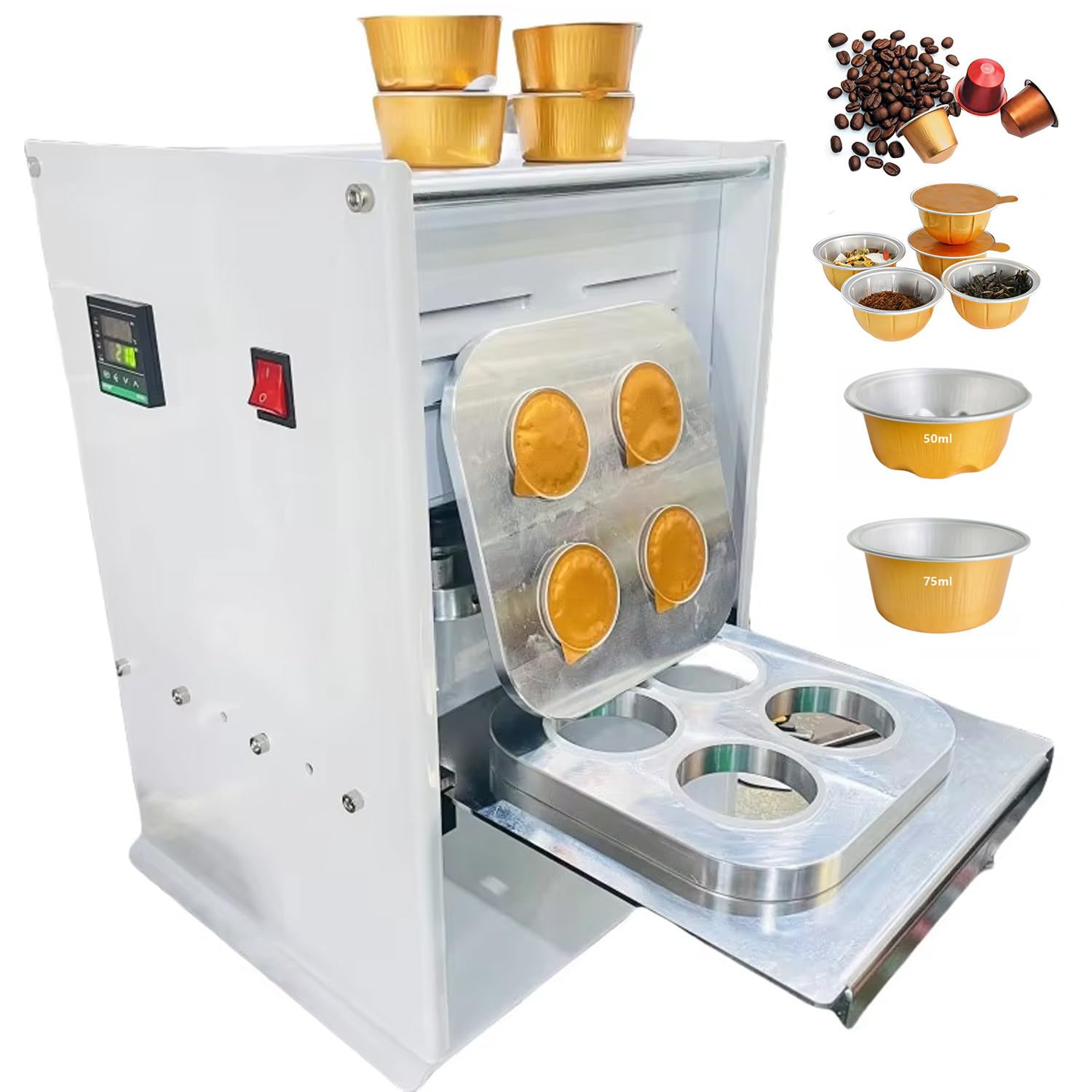 HADECOLL Manual Electric Cup Sealer for Coffee Pods and PP Cups, Aluminum Foil Sealing Machine with LCD Display for Tea, Sauce, Powder Packaging,50ML/75ML