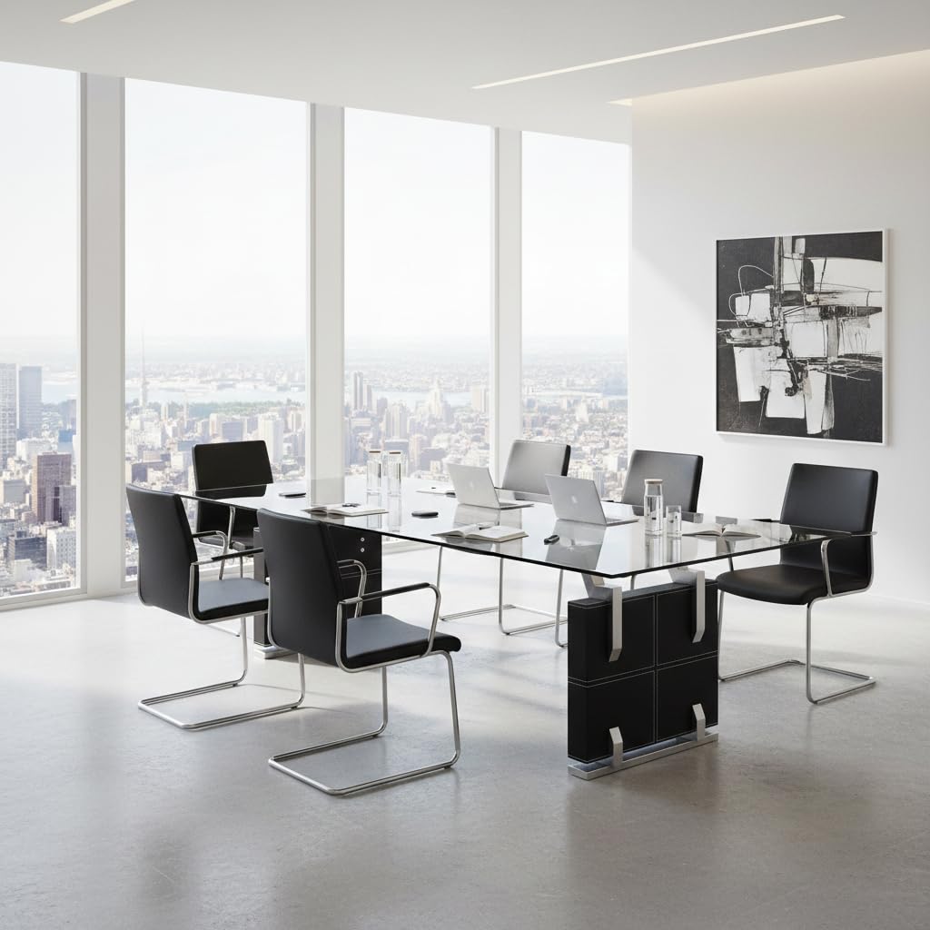 Jet-Line Besprechungstisch Verona Konferenztisch 240 x 120 x 76 cm Schwarz mit Glasplatte aus Sicherheitsglas Kunstlederüberzug Edelstahl Gebürstet