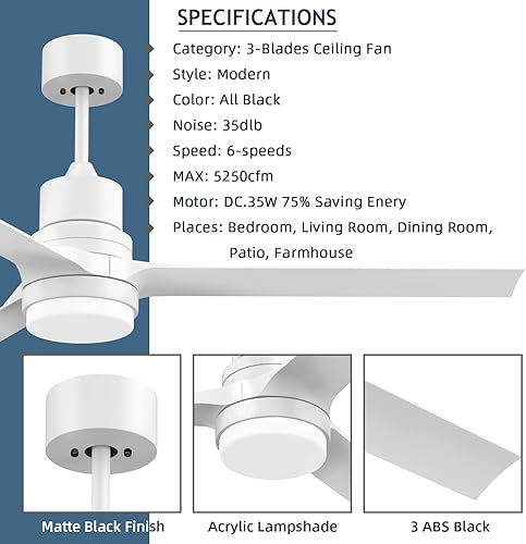 Miniatura 2 de Ventiladores de techo con luces, ventilador de techo blanco para interiores y exteriores con control remoto, ventiladores de techo modernos de 52