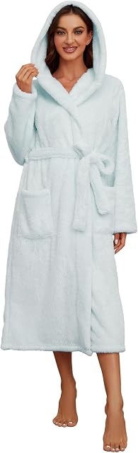 HEARTNICE Womens Hooded Fleece Robe, Thick Warm Plush Bathrobe for Women, Long Fluffy Comfy House Coat Long Fur Fleece