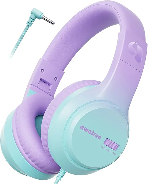 Kids Headphones with Cord for School, 74/85/94dB Volume Limit, Wired Over-Ear Headphones for Kids Boys Girls, Stereo Sound 3.5mm Jack for Tablet, Kindle, YOTO Player, Airplane Travel, Purple Green