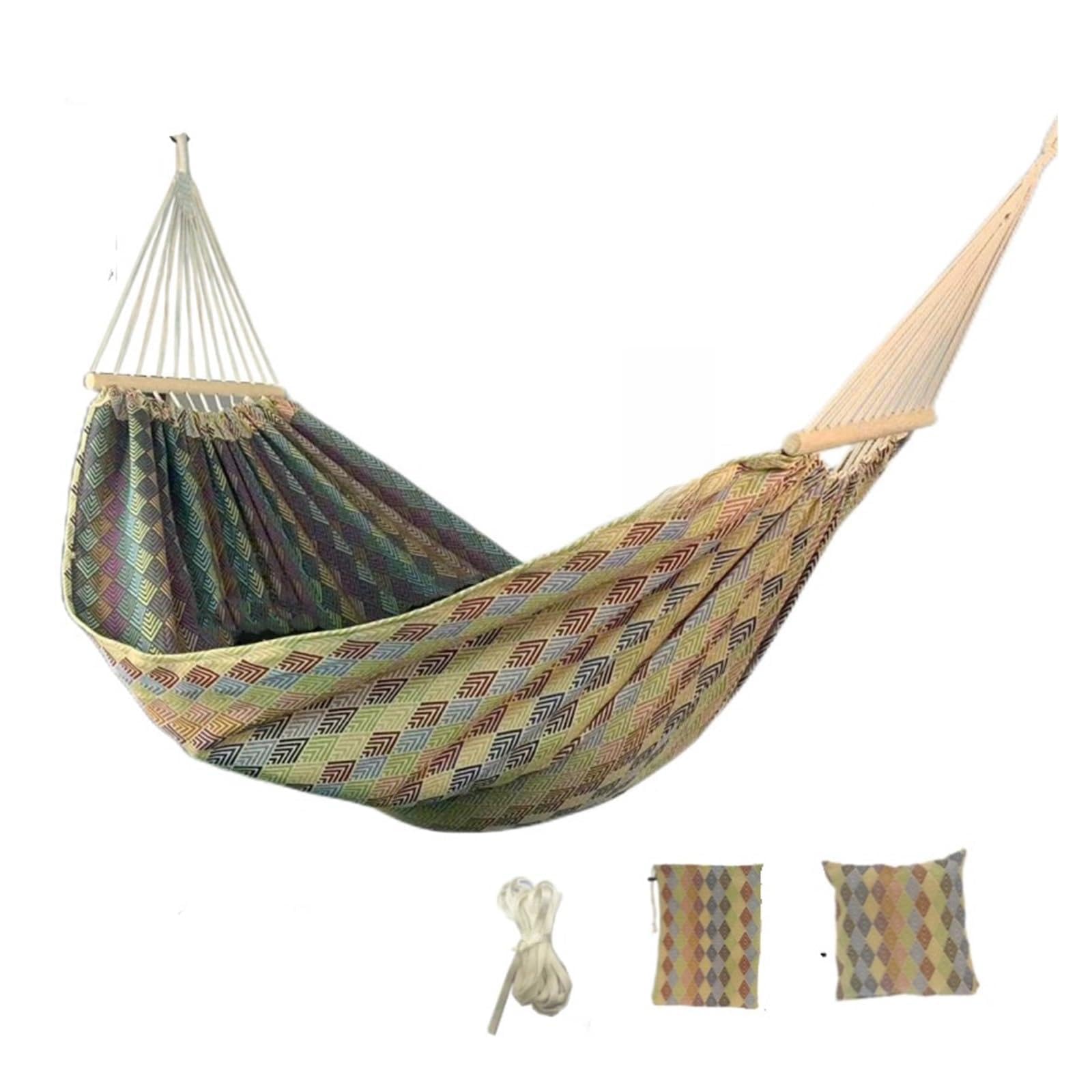Camping Hammock Double Canvas Swing Outdoor Indoor Suspension Chair Tassel Jacquard Retro Geometry Hammoc(703 hammock tied w)