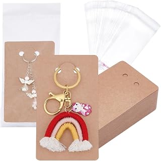 PH PandaHall 100 tarjetas de exhibición de llaveros con 100 bolsas autosellantes, llavero marrón, tarjetero de joyería para llavero, tarjetas, suministros de embalaje de joyas, 4.7 x 2.8 pulgadas