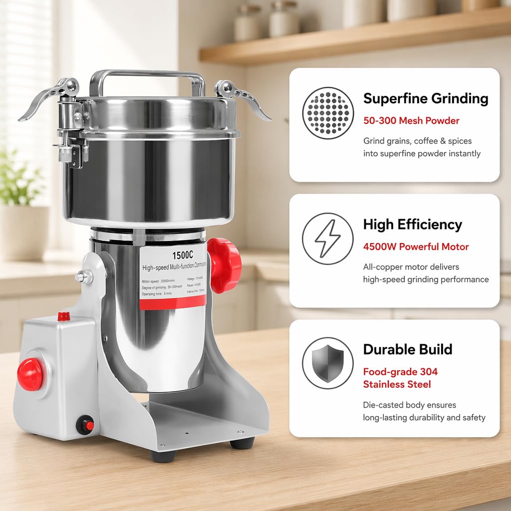 Molinillo eléctrico de grano de acero inoxidable de 4300 W, capacidad de 1500 g, molinillo superfino para cereales secos (trigo, avena). (1500g 4100W)
