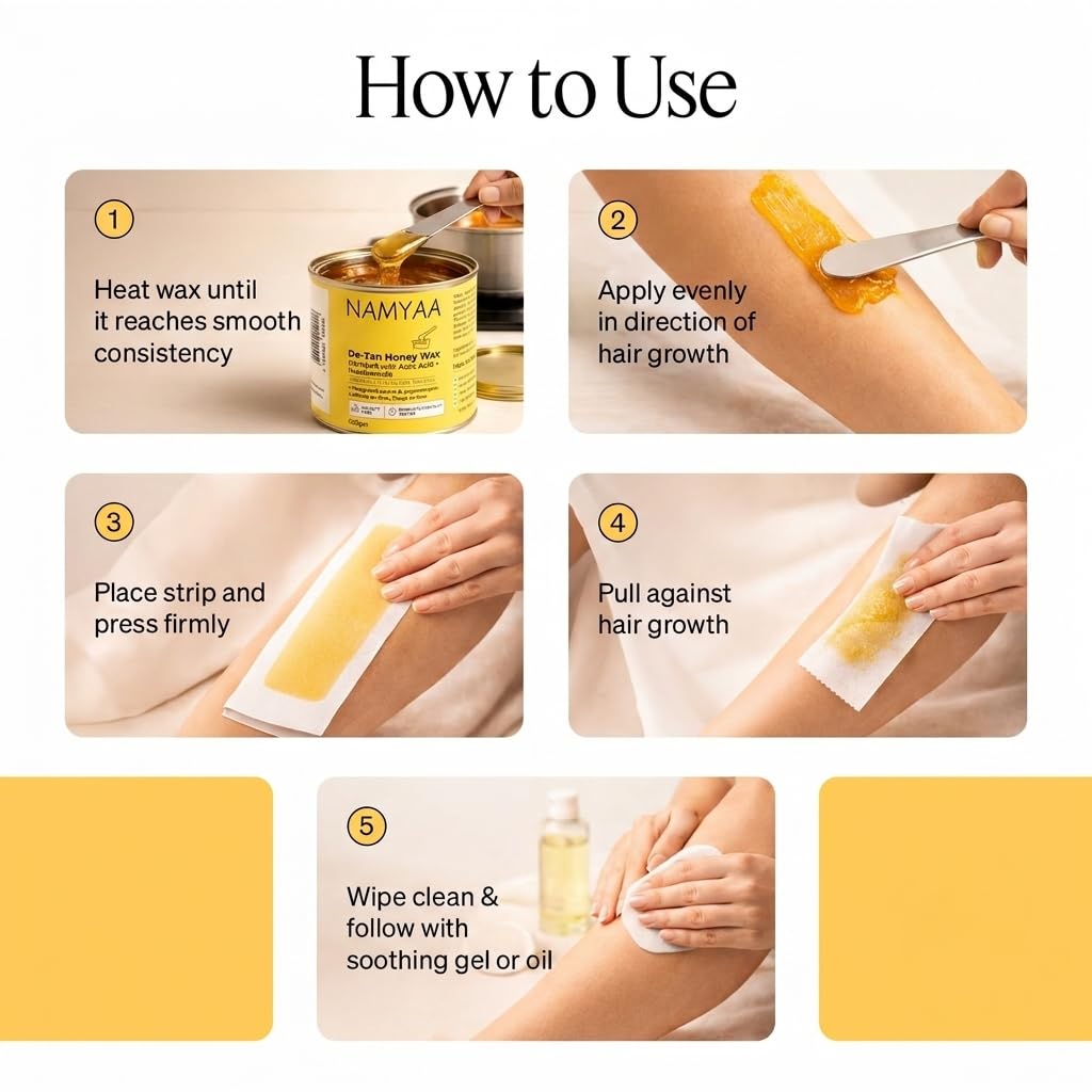 Namyaa De-Tan Honey Wax 600g with Knife & Strips | Brightening Tan Removal Wax for Legs, Arms, Underarms & Body | Honey Based 4