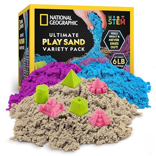 National Geographic 6 Lb. Moon Sand Combo Pack - 2 Lbs. Each of Blue, Purple and Natural Play Sand with Castle Molds - A Fun No Mess Sensory Activity (Amazon Exclusive)