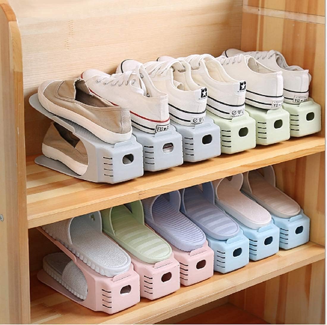 TEKCOOL Plastic Shoe Slots Organizer Space Saver Double Deck Shoe Rack Adjustable Shoe Slots for Closet Organization (Pack of 5) (Multicolor)'