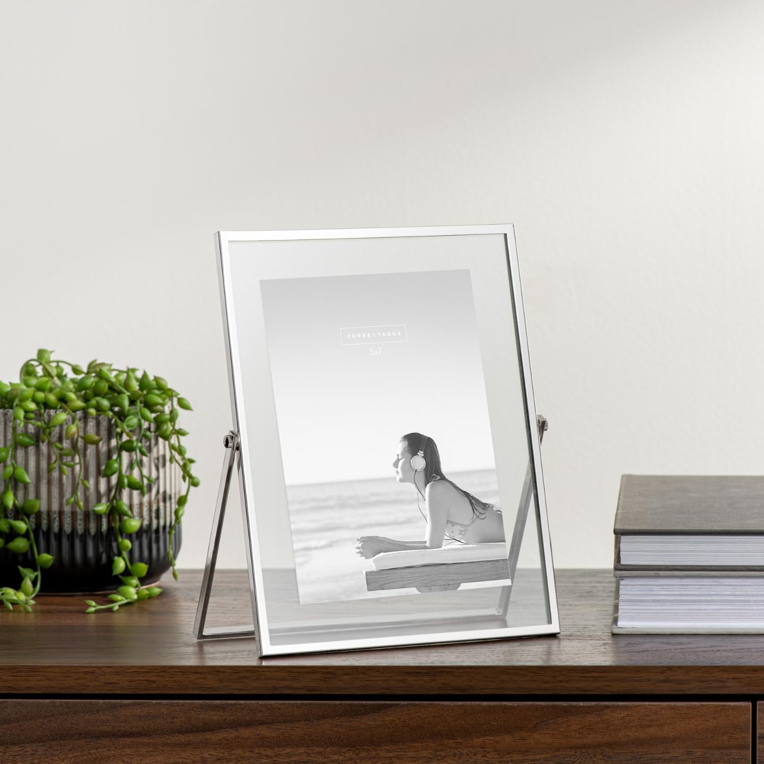 Torre & Tagus Silver Trim Floating Picture Frame – 5x7 Glass Photo Frame, Modern Silver-Plated Metal Tabletop Display