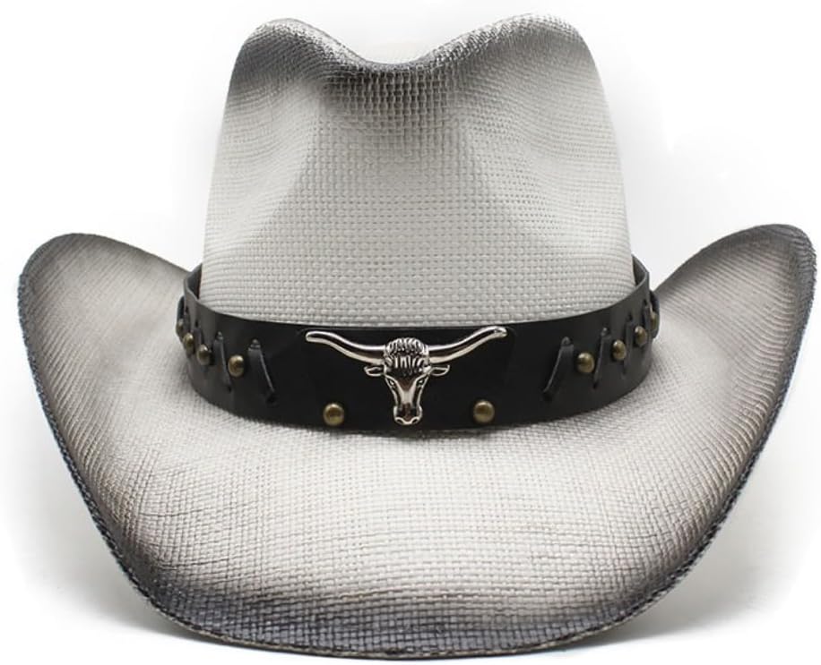Western Cowboy Hat with Longhorn Bull Leather Band, Brown Straw, Wide Brim