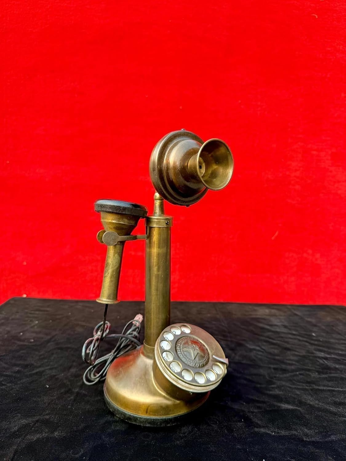 Vintage Candlestick Telephone, Brass and Black Powder Coated, 14 Inch Tall, Rotary Dial, 1920s Style Decorative Home Accent (Brown Finish)