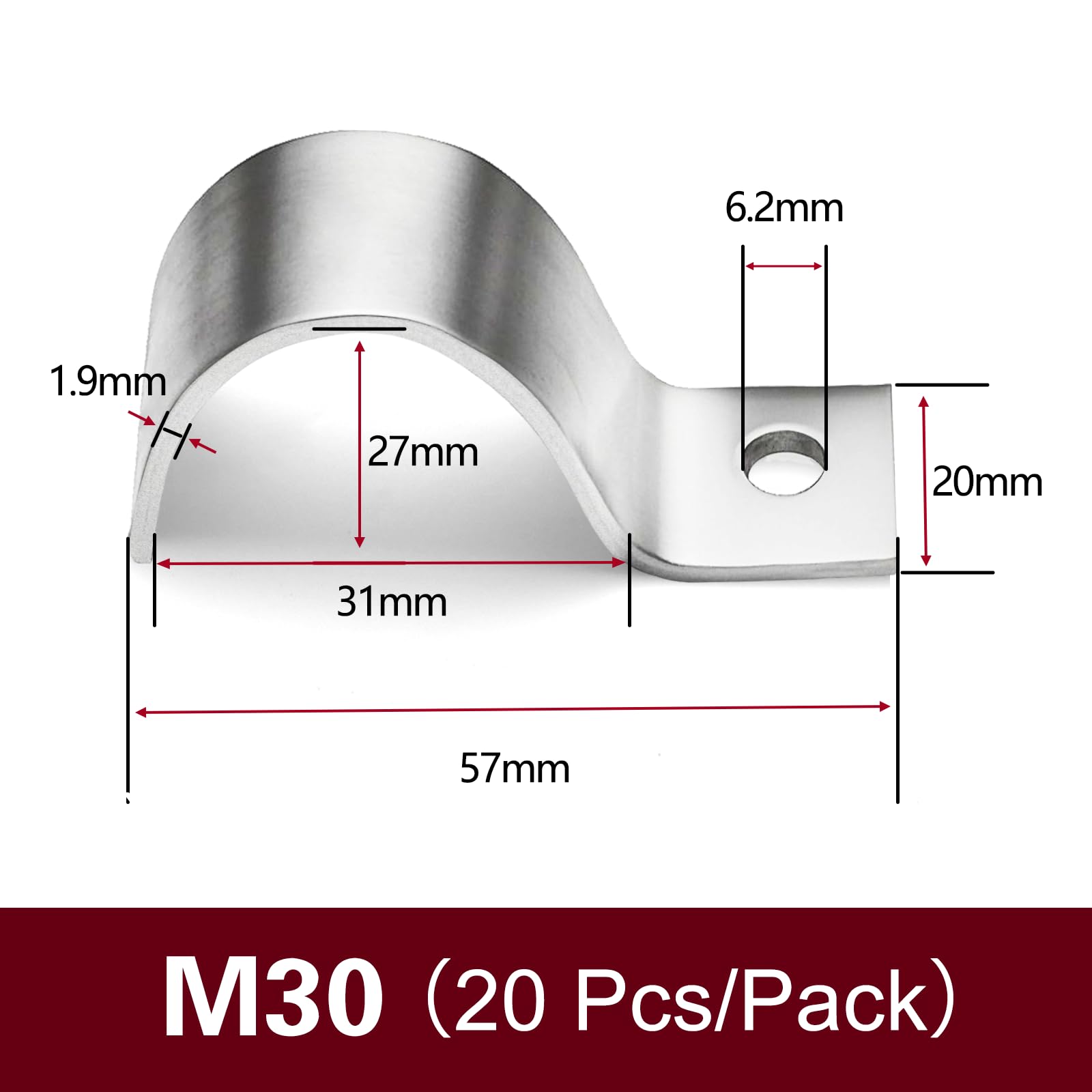 Ezitruz 20 Pcs 30mm Pipe Clips, 304 Edelstahl 1 Hole Pipe Strap Clamps, Metal Cable Clips, Silver, 30MM-20pcs - Image 2
