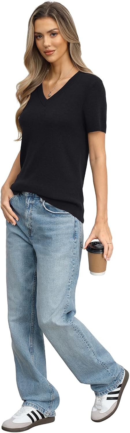 Womens Wool Blend Lightweight Sweater V Neck Short Sleeve Knit Pullover Tops Summer Business Casual Clothes - Image 6