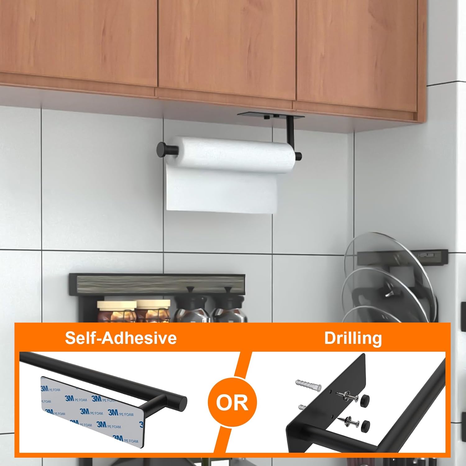 Ibergrif M34055B Kitchen Roll Holder Under Cabinet, Paper Towel Holder, Self Adhesive Kitchen Towel Rack Wall-Mounted for Bathroom, Black