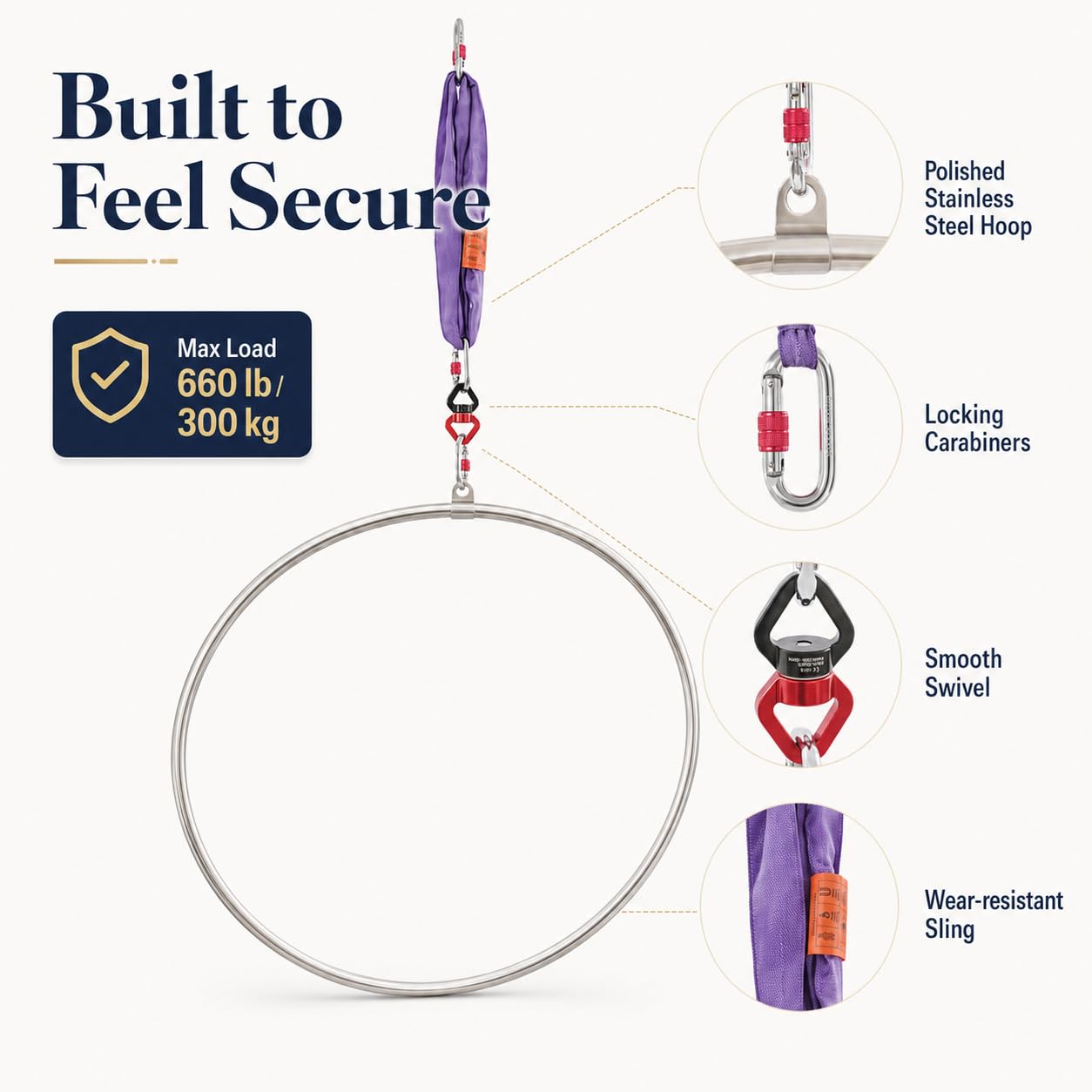 Lyra Hoop Ensemble d'anneaux aériens en acier inoxydable 95 cm Cerceaux à point unique Circus pour débutants et professionnels Kit d'anneaux aériens Équipement de yoga aérien 300 kg