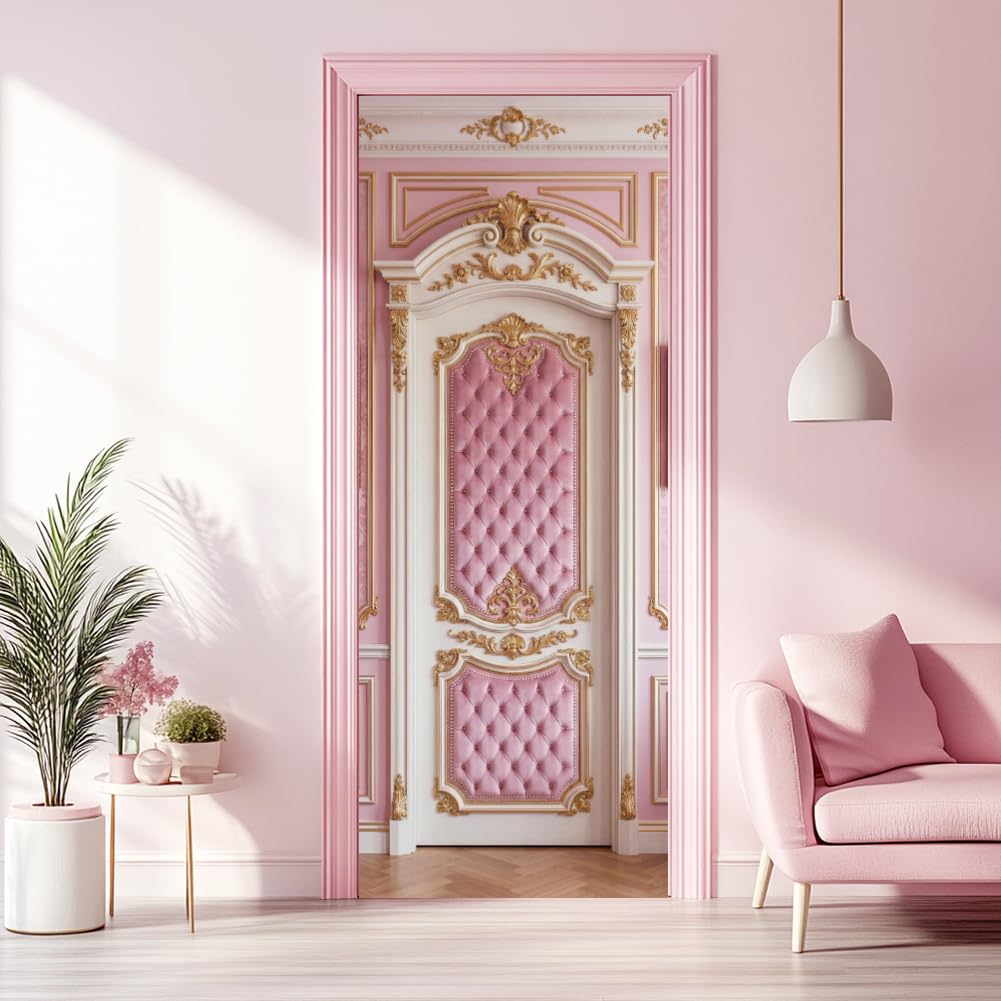 arricraft 2 Pcs Pink Princess Self-Adhesive Door Sticker, 31.5"x78.7" French Style Light Luxury Upholstere Decorations Door Murals Stickers PVC Removable Wallpaper Decoration for Bedrooms Living Room