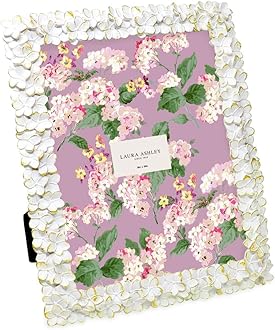 Laura Ashley 8x10 White & Gold Flower Textured Hand-Crafted Resin Picture Frame w/Easel & Hook for Tabletop & Wall Display, Decorative Floral Design Home Décor, Photo Gallery, Art (8x10, White/Gold)