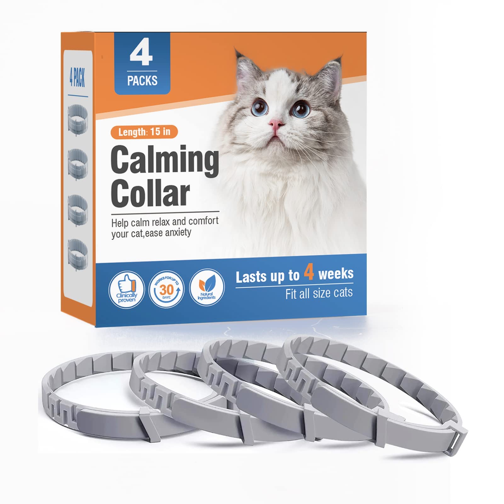 JCD 4 Packs Cat Calming Collar for Cats Pheromone Collar Efficient Relieve Reduce Anxiety Stress Pheromones Calm Relaxing Comfortable Collars Long-Lasting 30 Days Adjustable Breakaway Design Gray