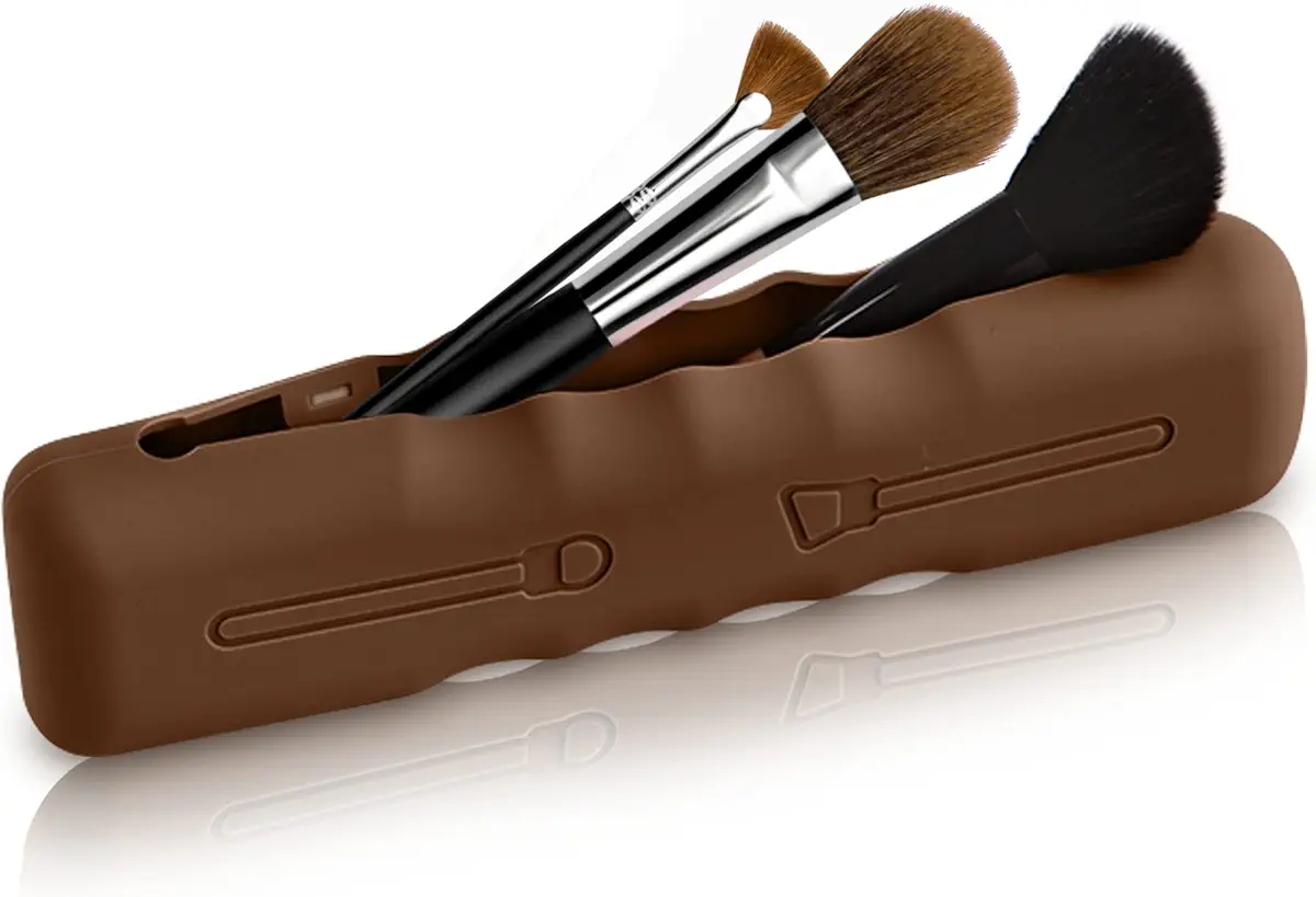 Avalie Silicone Makeup Brush Holder | Eco-Friendly | Magnetic Cosmetic Pouch Bag Organizer for Makeup Brushes &amp; Sponge | Cosmetic Bag, Makeup Organizer for Women (Brown)