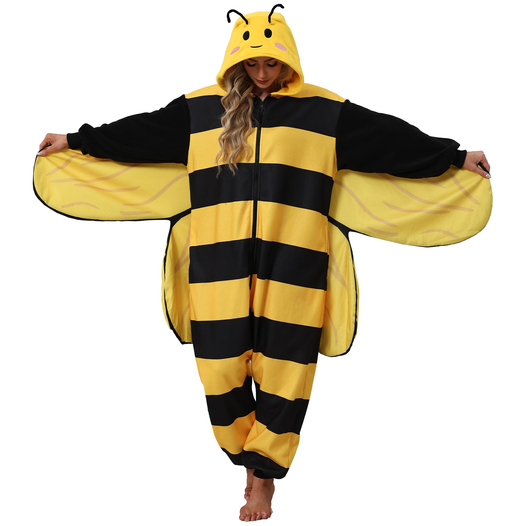 AMAMHAHAVA Bee Onesie Pajamas for Adults Bee Costume One-Piece Animal Halloween Cosplay Costumes Homewear