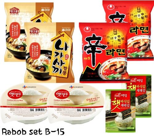 Rabob Set B-15(Nagasaki Champong x2, Shin Ramen x2, Cooked White Rice x2, Crispy Toasted Seaweed x2) 라밥 세트 B-15 (나가사끼 짬뽕 x2, 신라면x2, 햇반 x2,백설 도시락 김 x2)