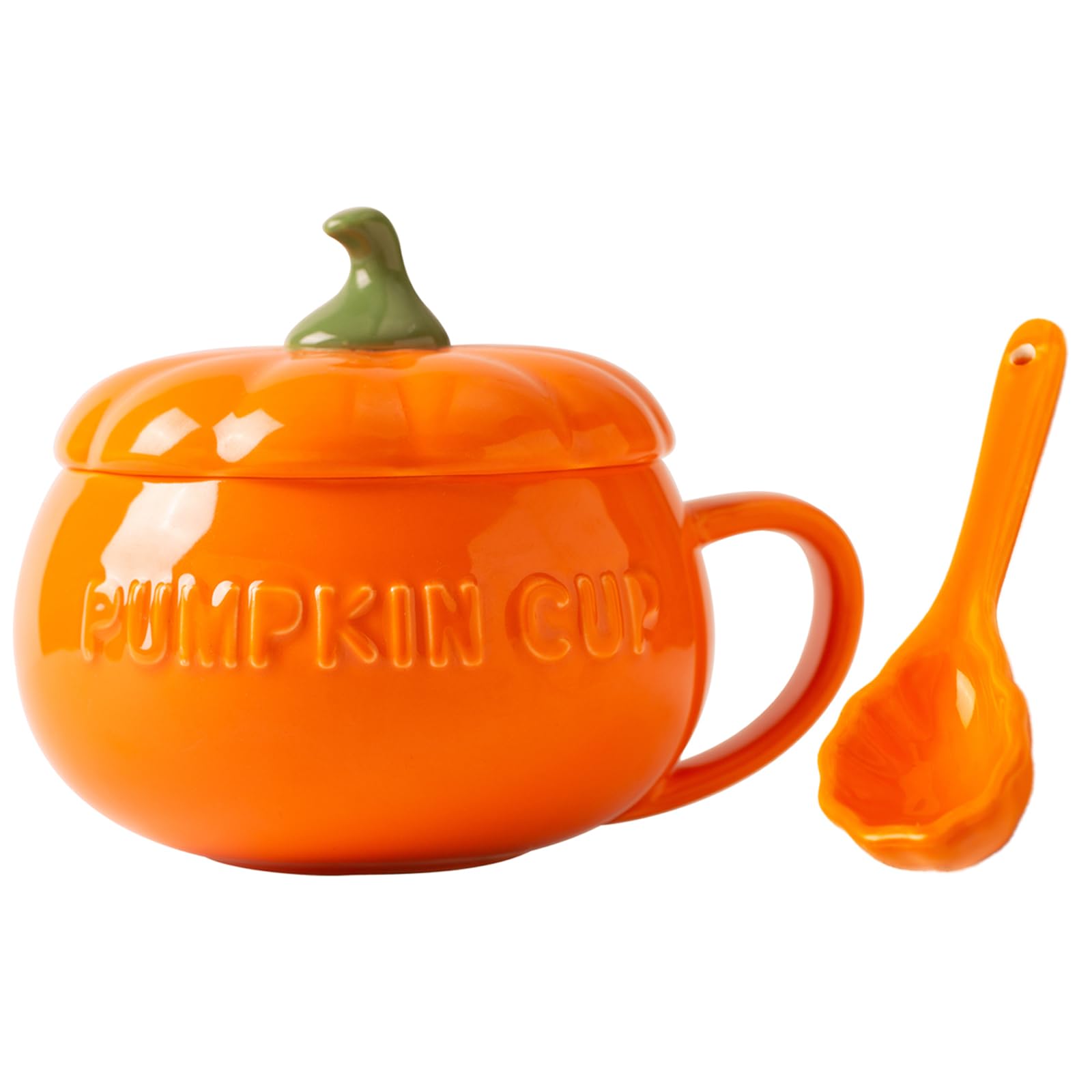 Halloween Pumpkin Mug Decorations - Cute 16 Ounce Pumpkin Shaped Mug with Handle and Lid, Includes Spoon