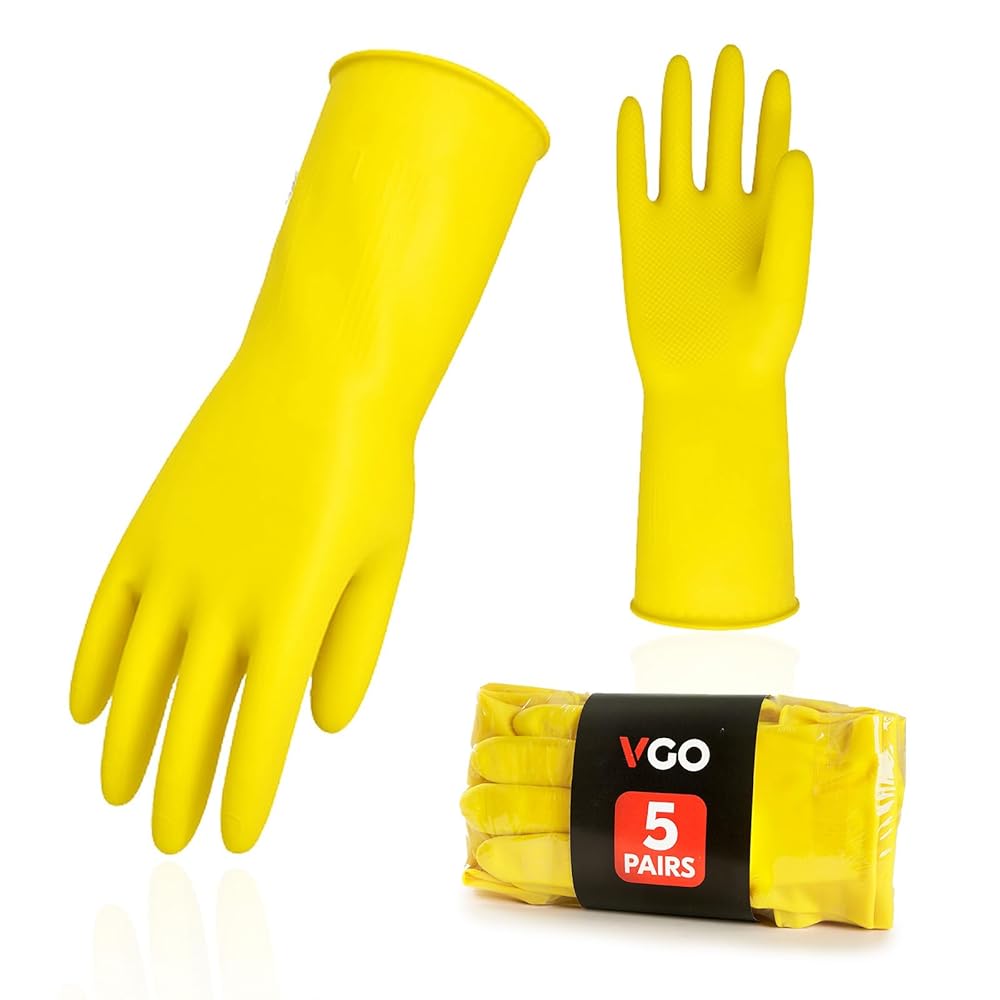 Vgo... 5-Pairs Reusable Household Gloves, Rubber Dishwashing gloves, Extra Thickness, Long Sleeves, Kitchen Cleaning, Working, Painting, Gardening, Pet Care (Size M, Yellow, HH4601)
