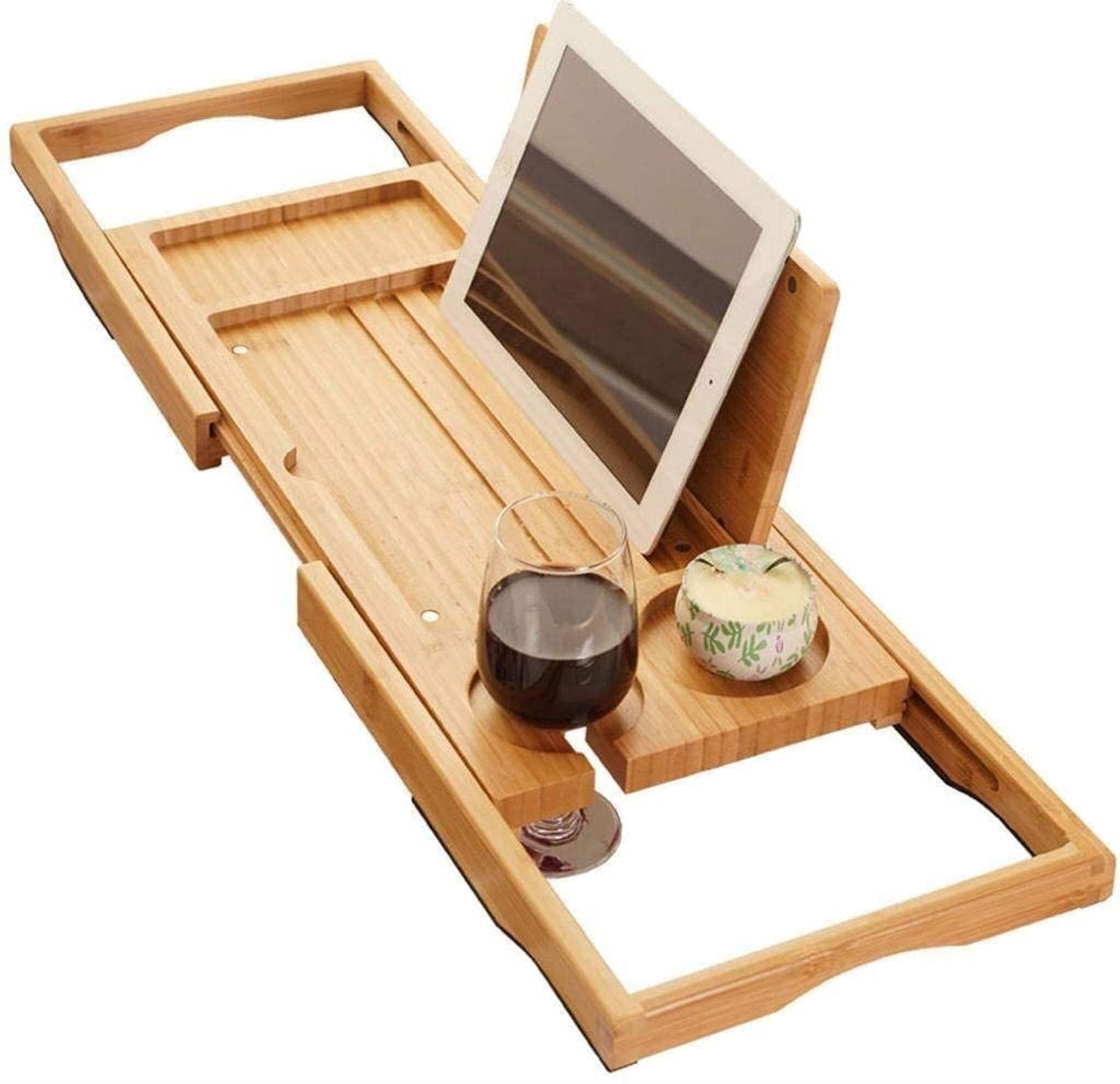 Bandeja para bañera de bambú con Lados Extensibles y Bandeja para Cama Bandeja para bañera de Madera Soporte para Tableta, Bandeja para teléfono Celular, Ranura de Vidrio Gran Idea para un