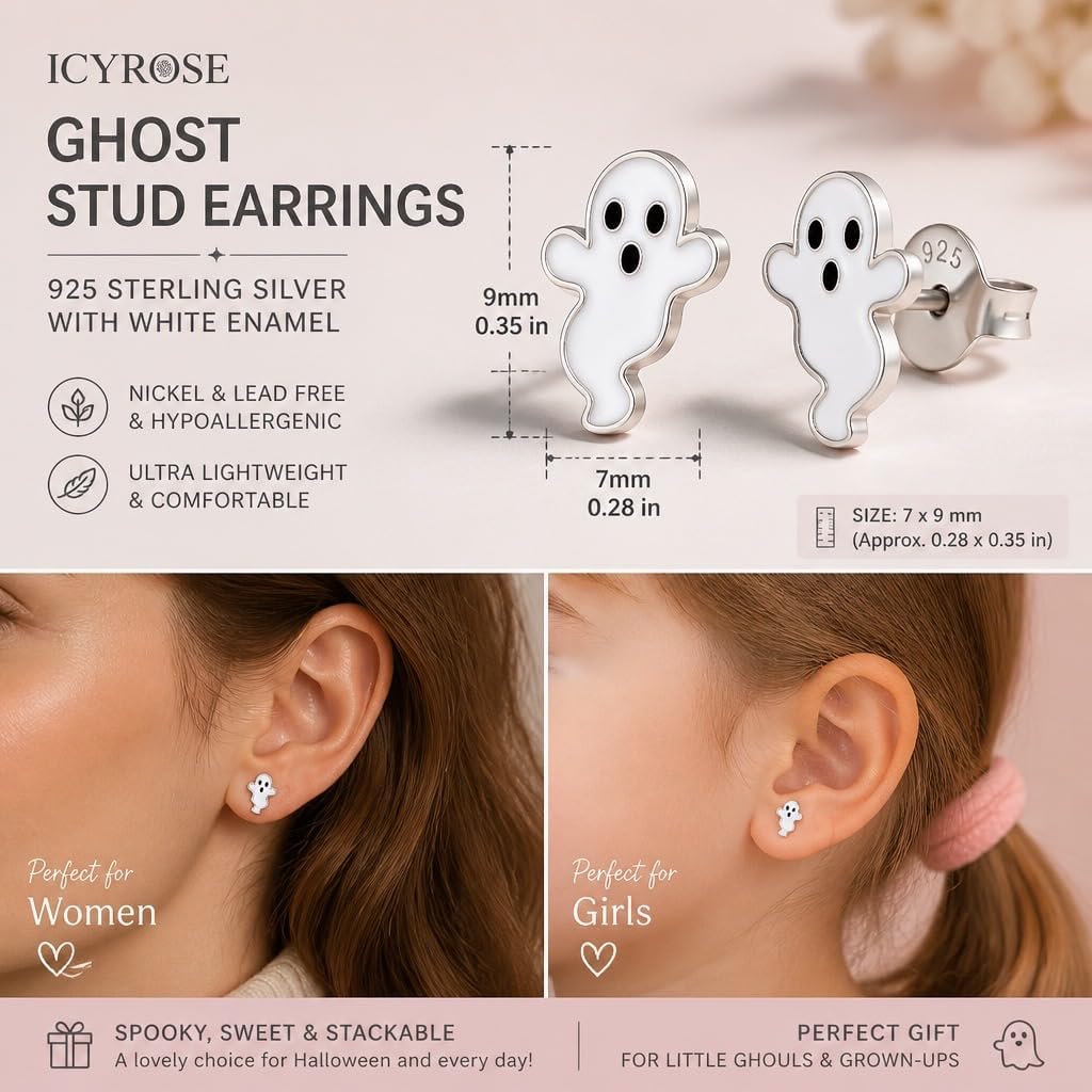 Ghost Stud Earrings, 925 Sterling Silver with White Enamel for Small Earlobe Second Third Ear Piercings Delicate Spooky Stackable Studs or lovely choice for little ones.