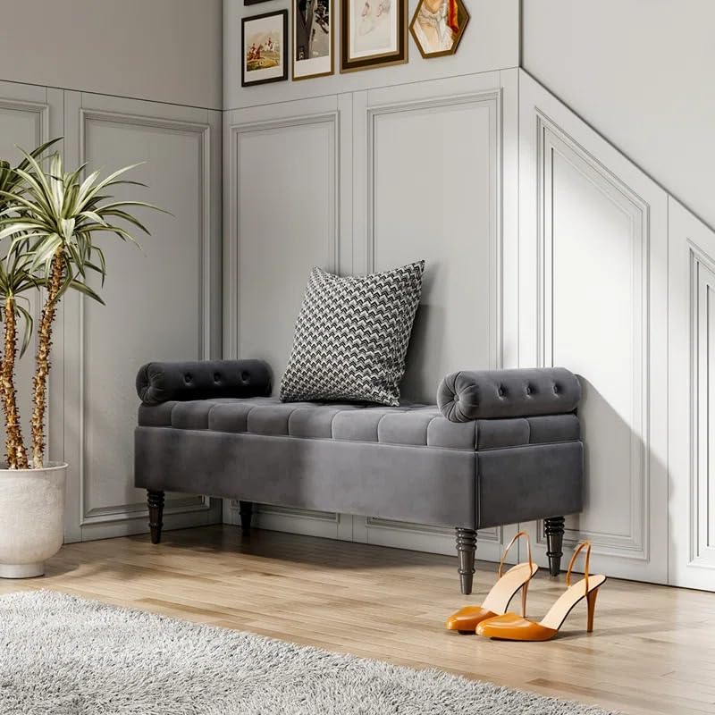 Image of LEGACY OF COMFORT Ethelsville Bolester with Storage Velvet Upholstered Storage Bench Sofa Bench Sofa couches Window Bench Ottoman Bench Chaise Lounger Pouffe for Living Room Bedroom Office (Grey)