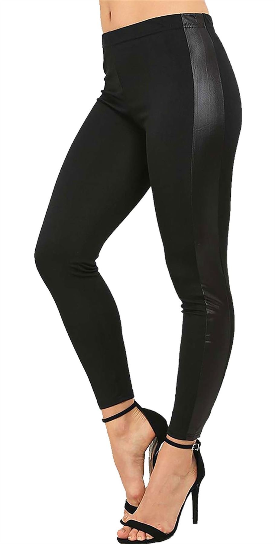 21FASHION Womens PVC Side Panel Wet Look Legging Ladies PU Leather Stretchy Fitted Legging Black UK 8-10