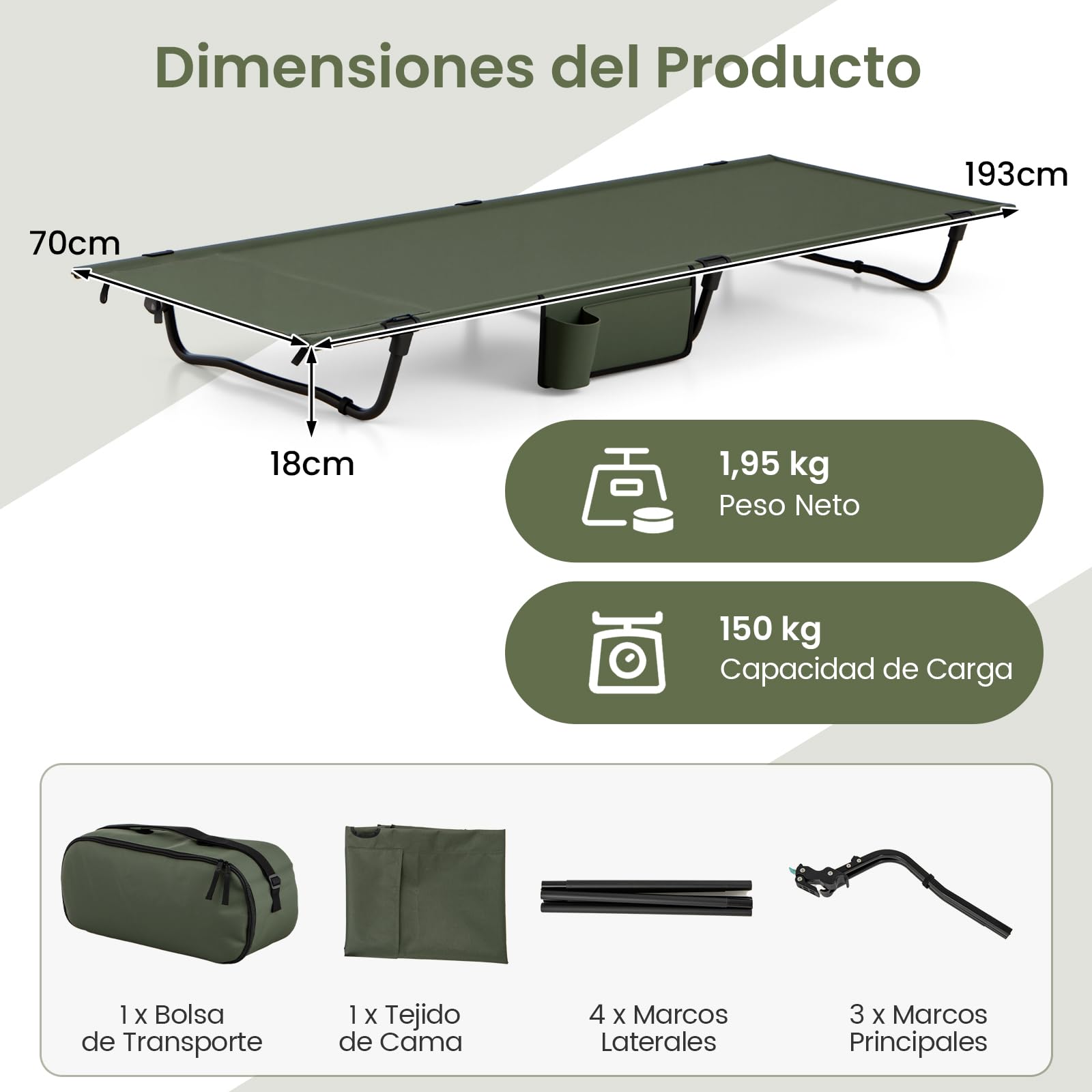 GOPLUS Cama de Camping Portátil, Cama Plegable con Bolsillo Lateral, Bolsa de Transporte, Ultraligera para Dormir al Aire Libre para Senderismo, Camping, Viajes, Jardín, 193 x 70 x 18 cm