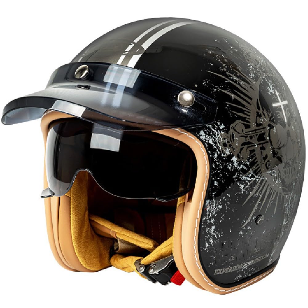 WZGGTEAM Motorbike Open Face Helmet, German Style Vintage Motorcycle Jet Helmet with Sun Visor, ECE/DOT Approved Crash Jet Helmet for Men Women Road Legal, Retro 3/4 Open Face Design