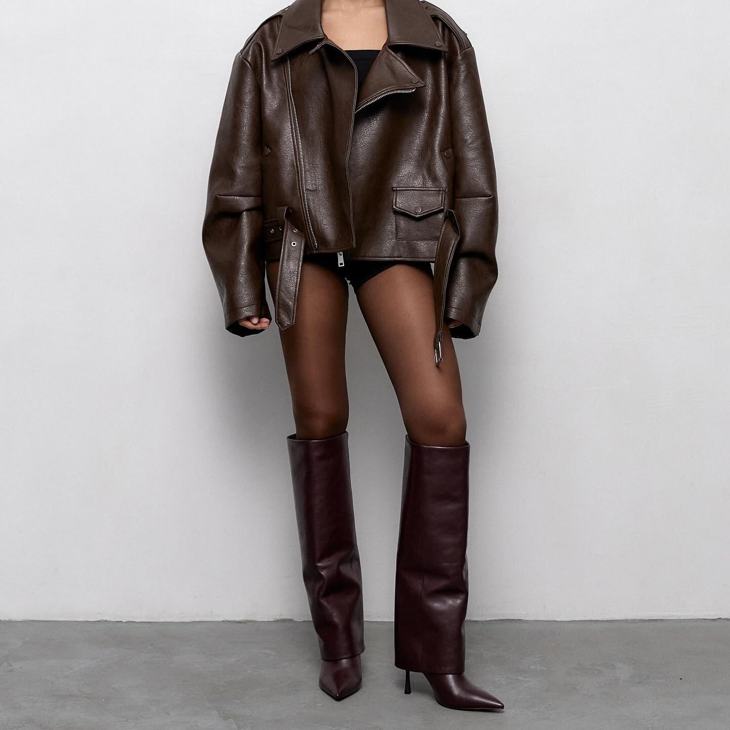 Knee High Boots Women Fold Over Boots Pointed Toe Stiletto Heel Long Shark Tall Boots with Zipper - Image 3